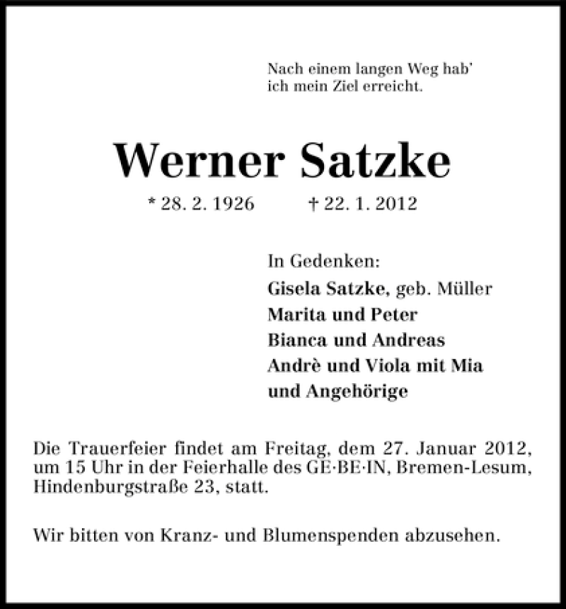 Traueranzeige von Werner Satzke von WESER-KURIER