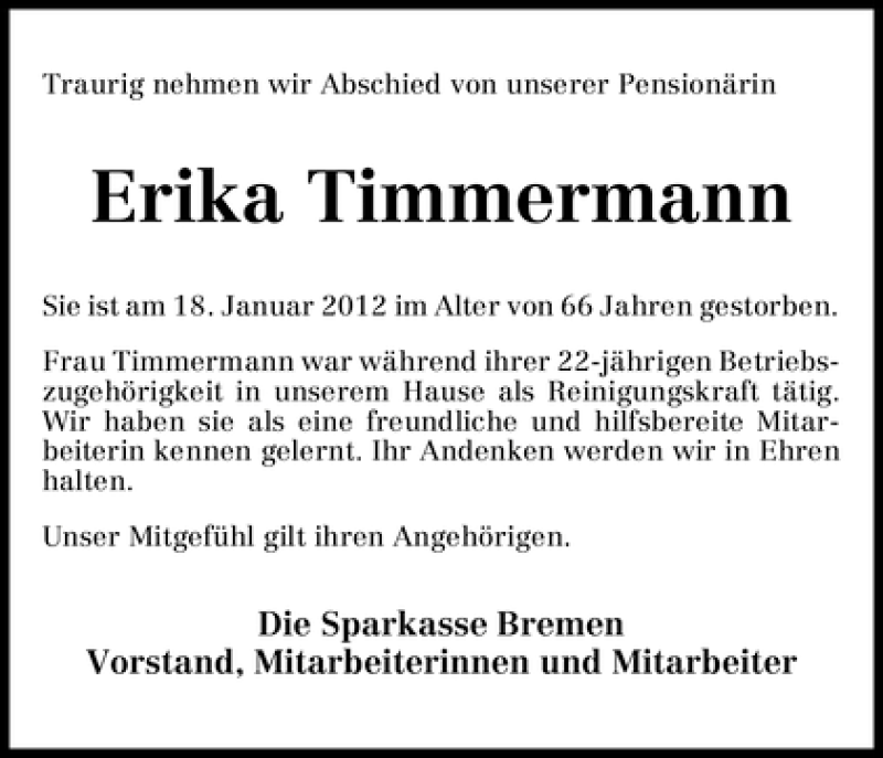 Traueranzeige von Erika Timmermann von WESER-KURIER