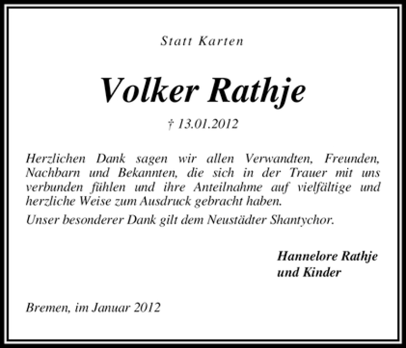 Traueranzeige von Volker Rathje von WESER-KURIER