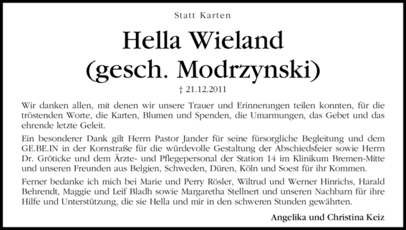 Traueranzeige von Hella Wieland von WESER-KURIER