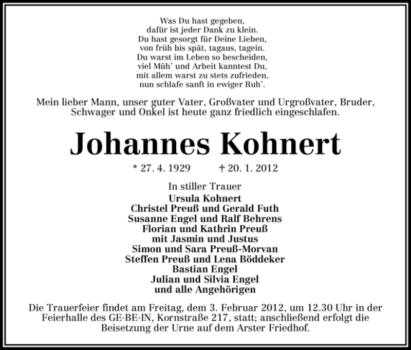 Traueranzeige von Johannes Kohnert von WESER-KURIER