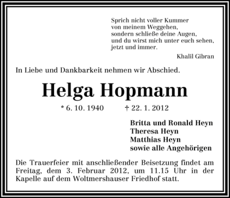 Traueranzeige von Helga Hopmann von WESER-KURIER