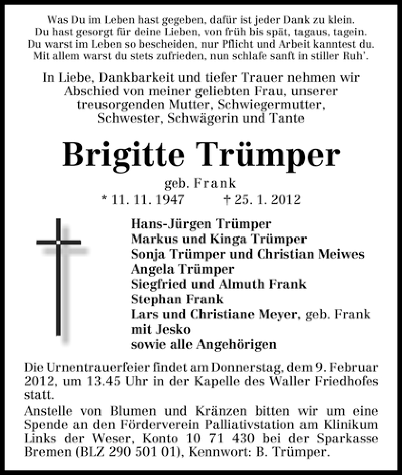 Traueranzeige von Brigitte Trümper von WESER-KURIER