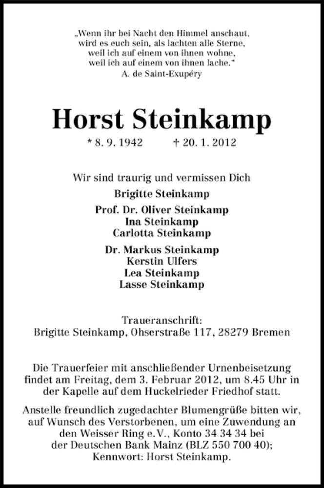 Traueranzeige von Horst Steinkamp von WESER-KURIER