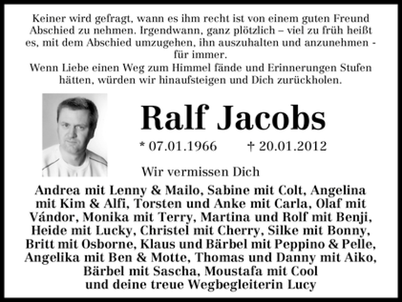 Traueranzeige von Ralf Jacobs von WESER-KURIER