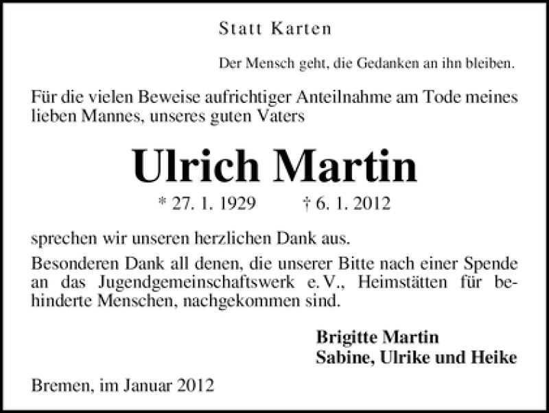 Traueranzeige von Ulrich Martin von WESER-KURIER