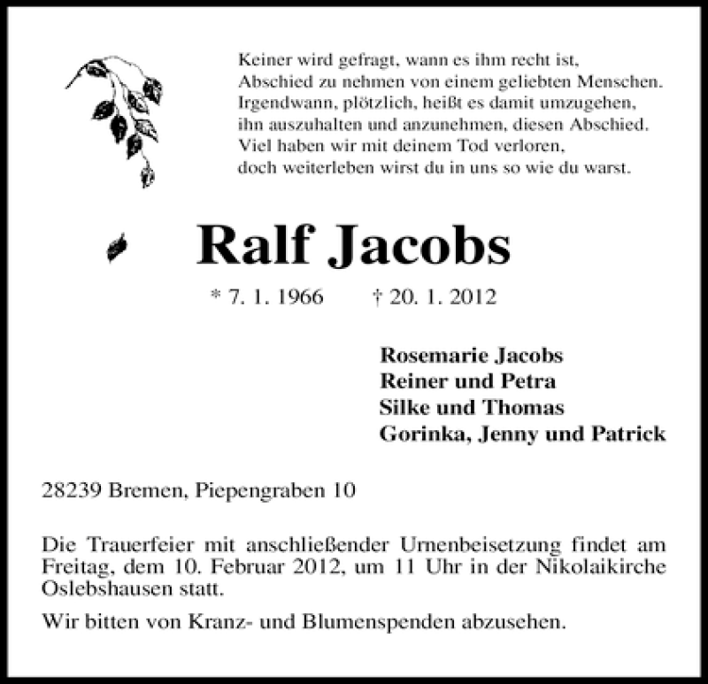 Traueranzeige von Ralf Jacobs von WESER-KURIER
