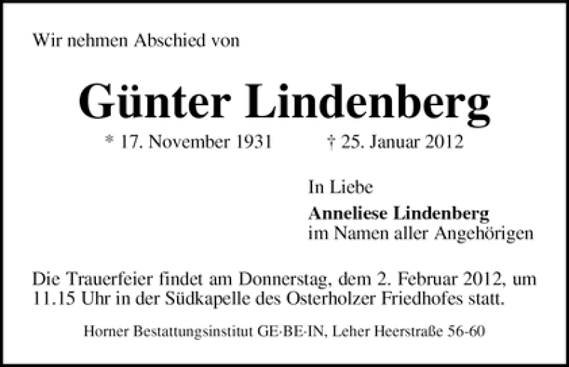 Traueranzeige von Günter Lindenberg von WESER-KURIER