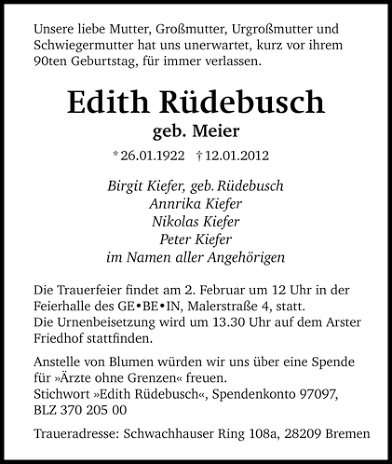 Traueranzeige von Edith Rüdebusch von WESER-KURIER