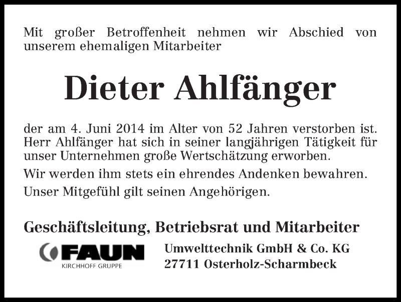 Traueranzeige von Dieter Ahlfänger von Osterholzer Kreisblatt
