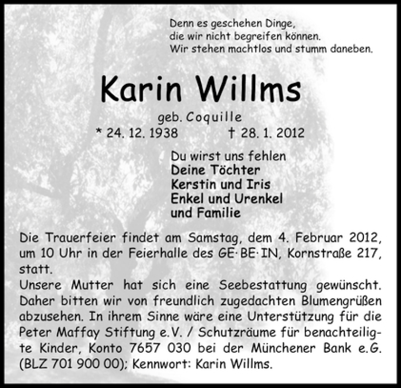 Traueranzeige von Karin Willms von WESER-KURIER