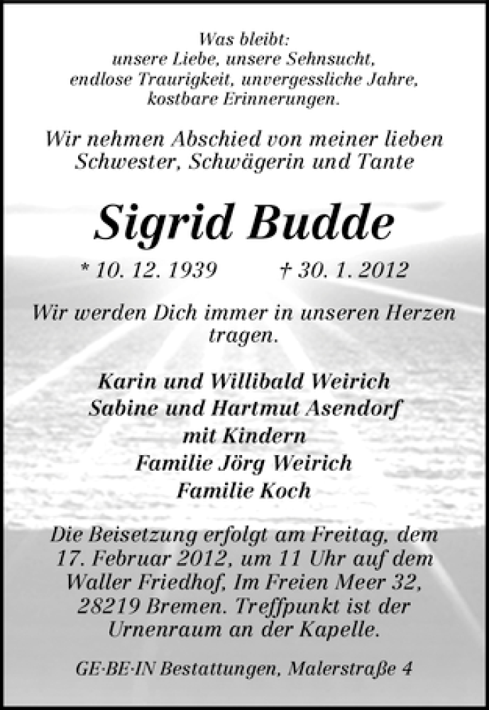 Traueranzeige von Sigrid Budde von WESER-KURIER