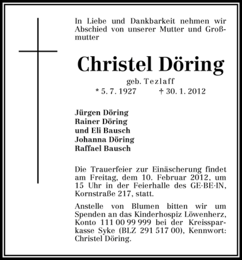 Traueranzeige von Christel Döring von WESER-KURIER
