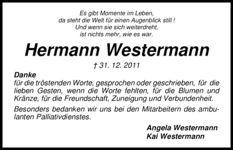 Traueranzeige von Hermann Westermann von WESER-KURIER
