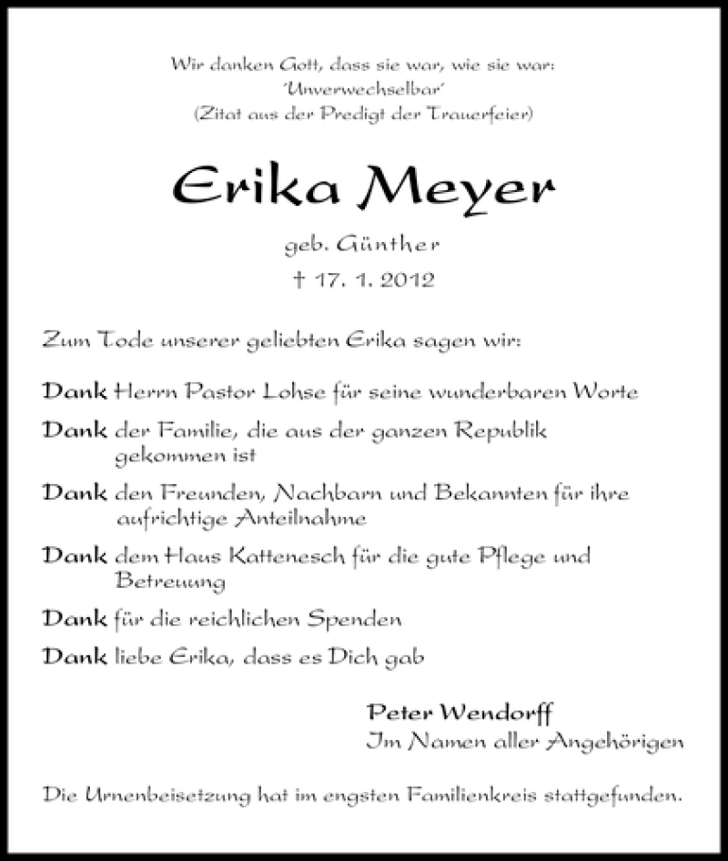 Traueranzeige von Erika Meyer von WESER-KURIER