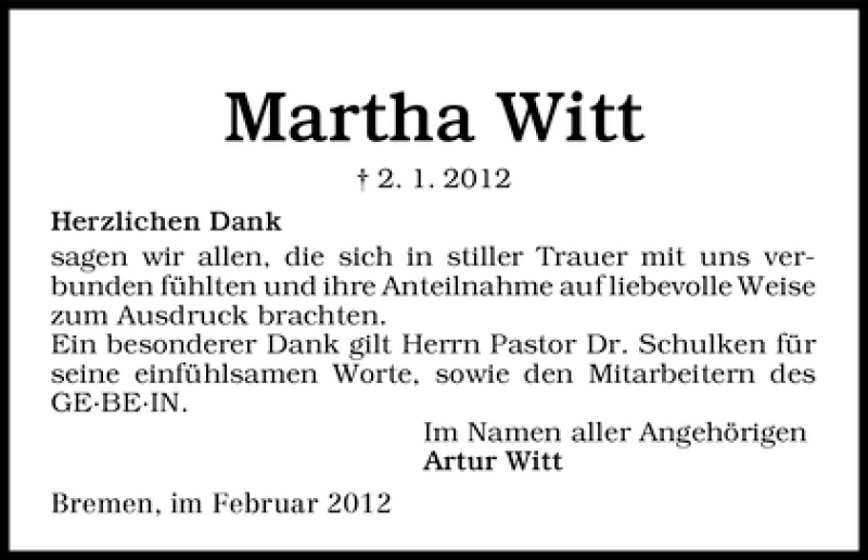 Traueranzeige von Martha Witt von WESER-KURIER