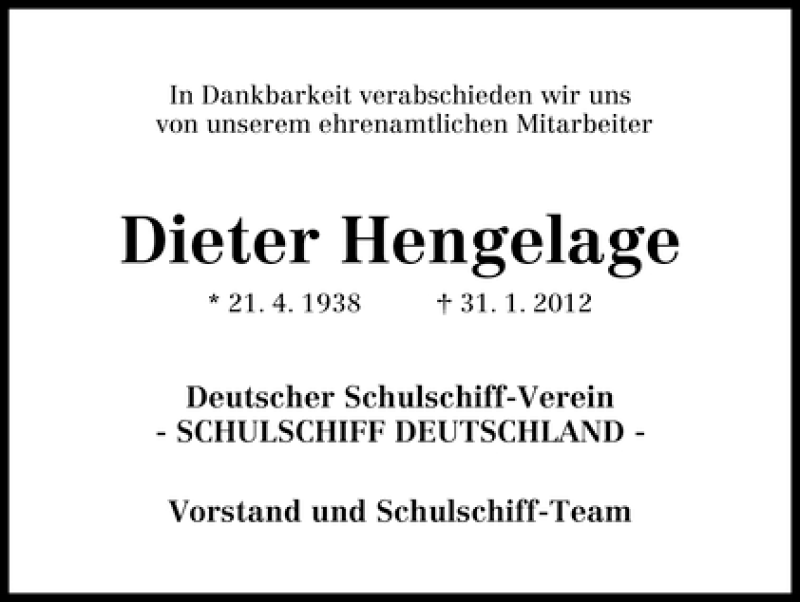 Traueranzeige von Dieter Hengelage von WESER-KURIER