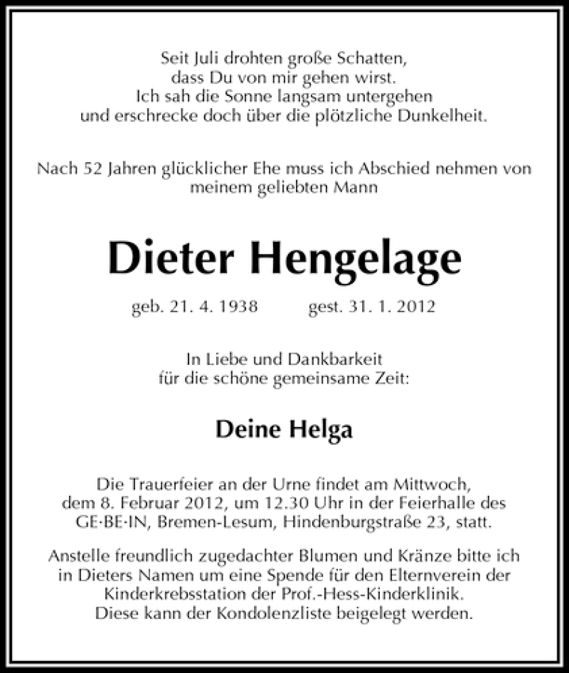 Traueranzeige von Dieter Hengelage von WESER-KURIER