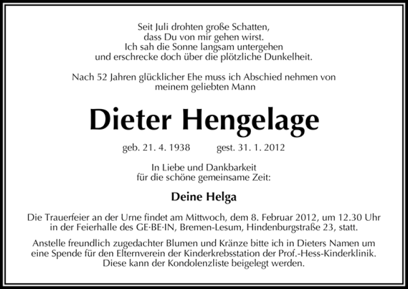 Traueranzeige von Dieter Hengelage von WESER-KURIER