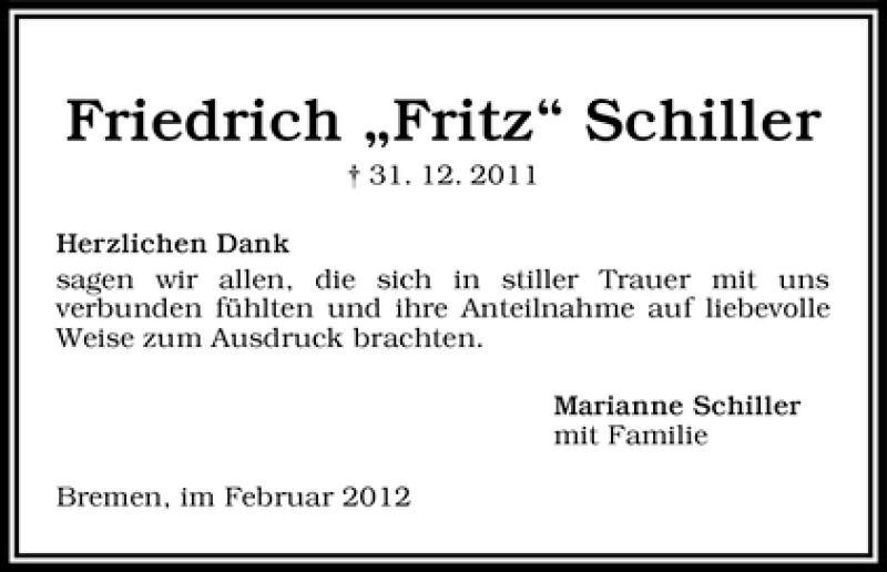 Traueranzeige von Friedrich Schiller von WESER-KURIER