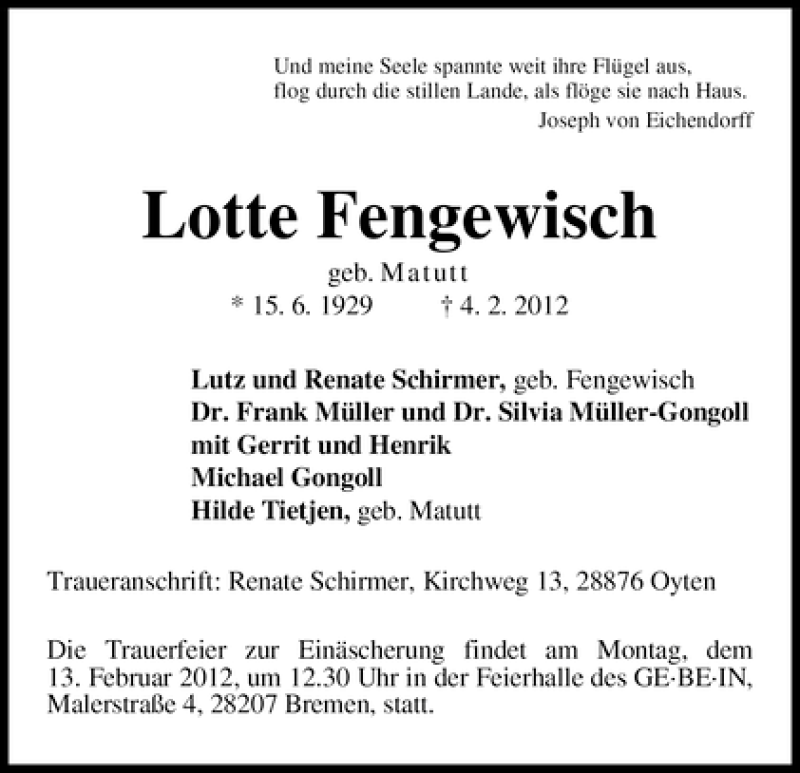 Traueranzeige von Lotte Fengewisch von WESER-KURIER
