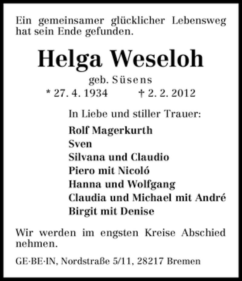 Traueranzeige von Helga Weseloh von WESER-KURIER