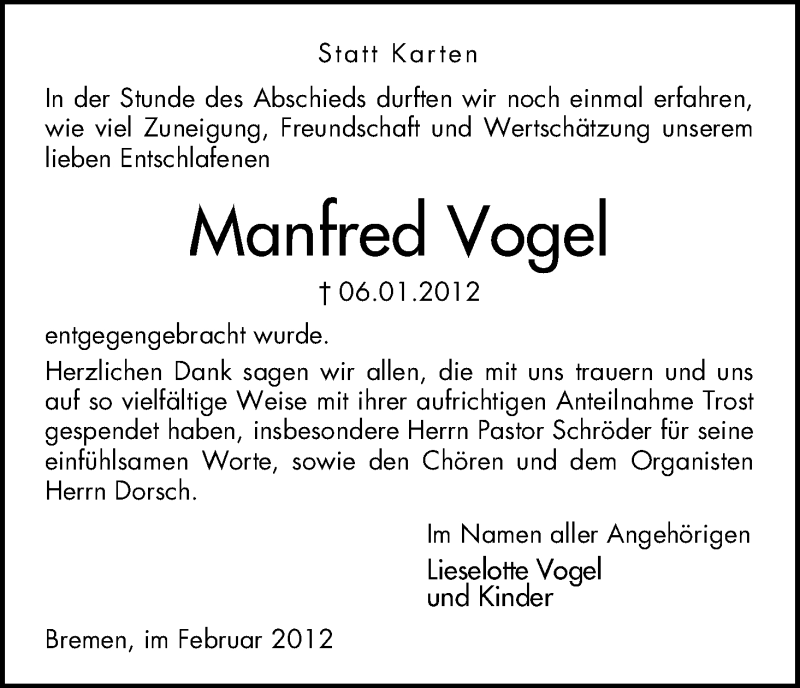 Traueranzeige von Manfred Vogel von WESER-KURIER