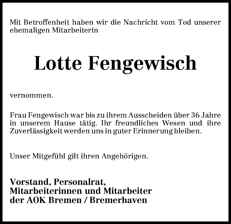 Traueranzeige von Lotte Fengewisch von WESER-KURIER