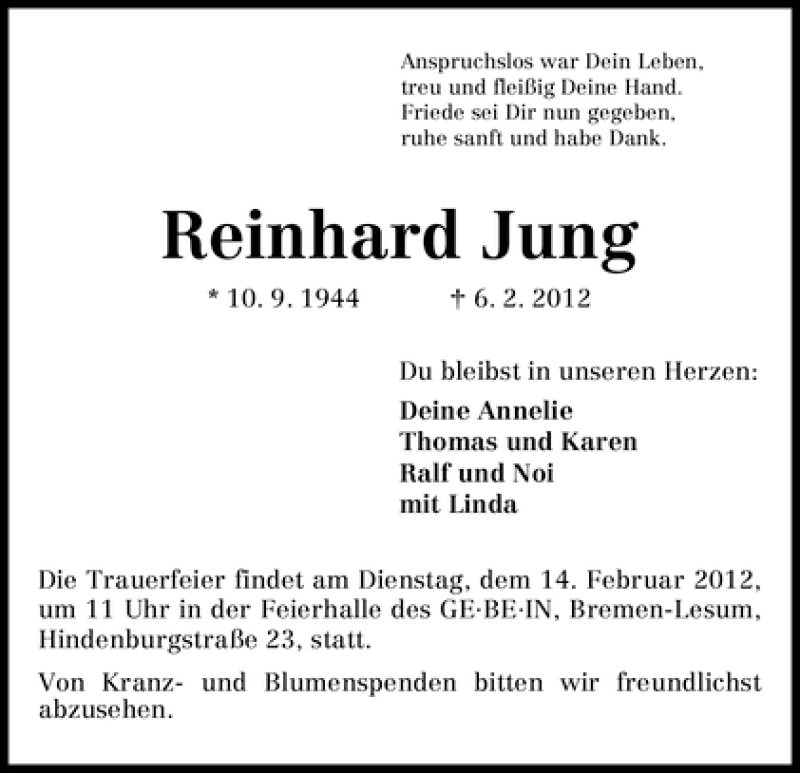 Traueranzeige von Reinhard Jung von WESER-KURIER
