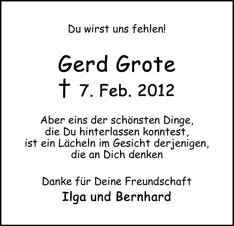 Traueranzeige von Gerd Grote von WESER-KURIER