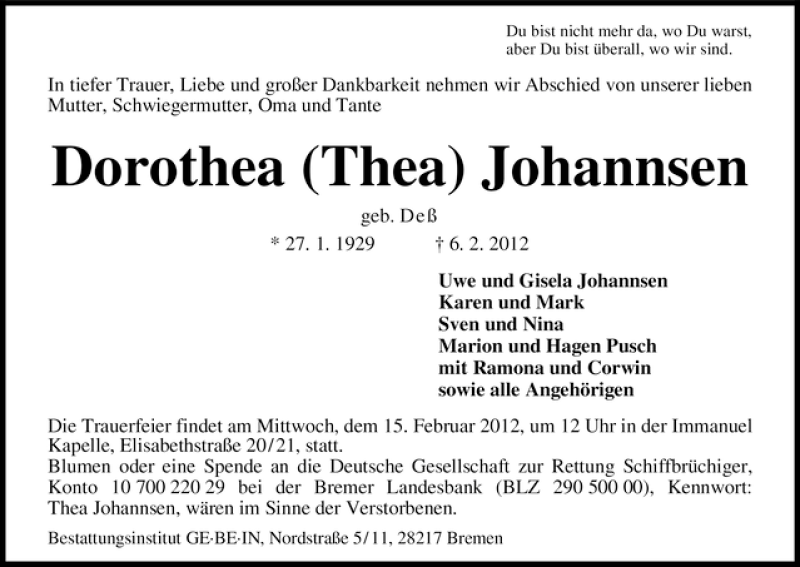 Traueranzeige von Dorothea Johannsen von WESER-KURIER