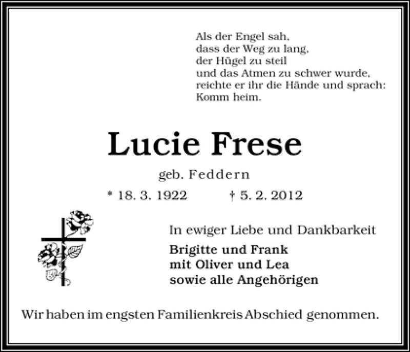 Traueranzeige von Lucie Frese von WESER-KURIER