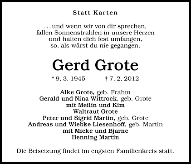 Traueranzeige von Gerd Grote von WESER-KURIER