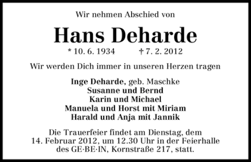 Traueranzeige von Hans Deharde von WESER-KURIER