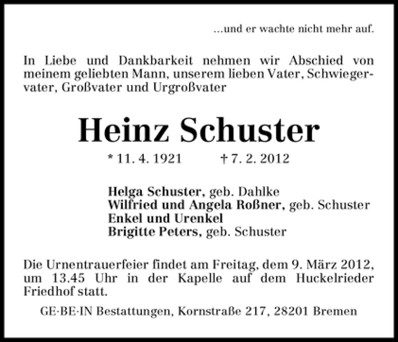 Traueranzeige von Heinz Schuster von WESER-KURIER