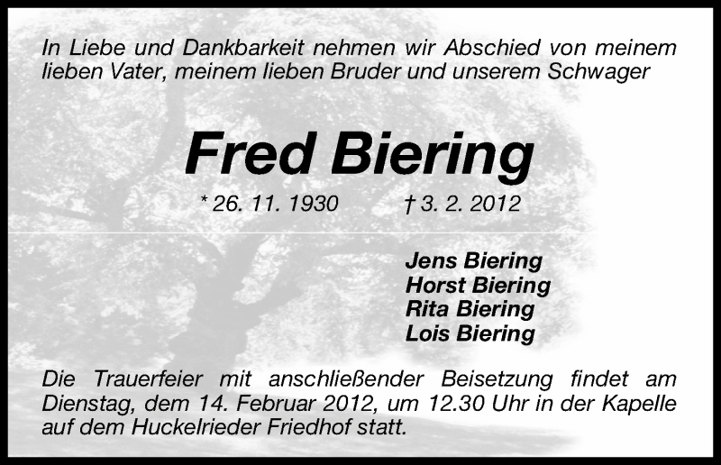 Traueranzeige von Fred Biering von WESER-KURIER