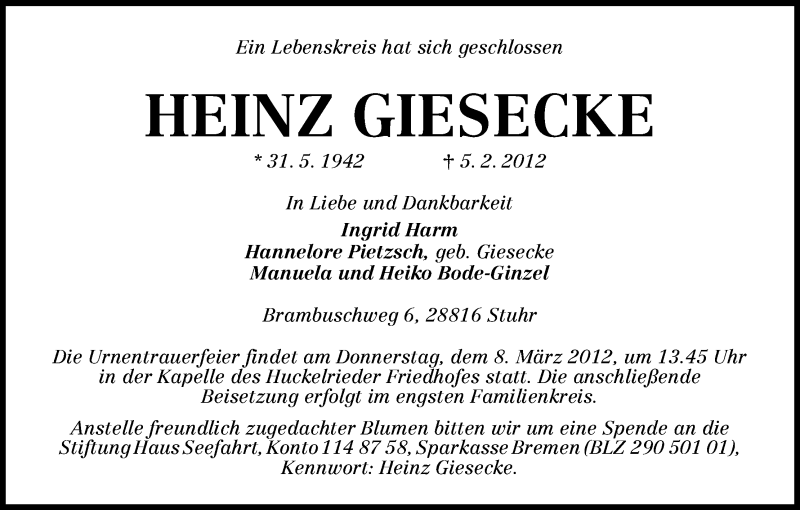 Traueranzeige von Heinz Giesecke von WESER-KURIER