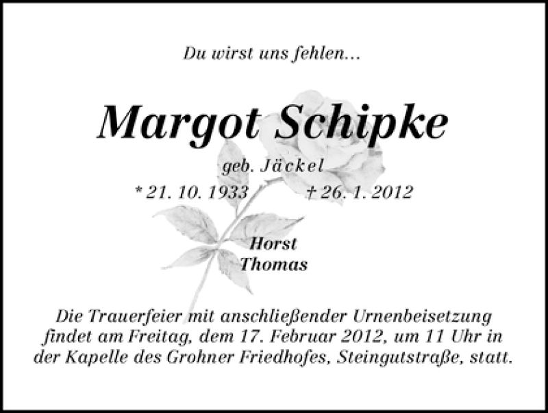 Traueranzeige von Margot Schipke von WESER-KURIER