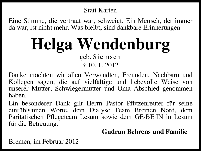 Traueranzeige von Helga Wendenburg von WESER-KURIER