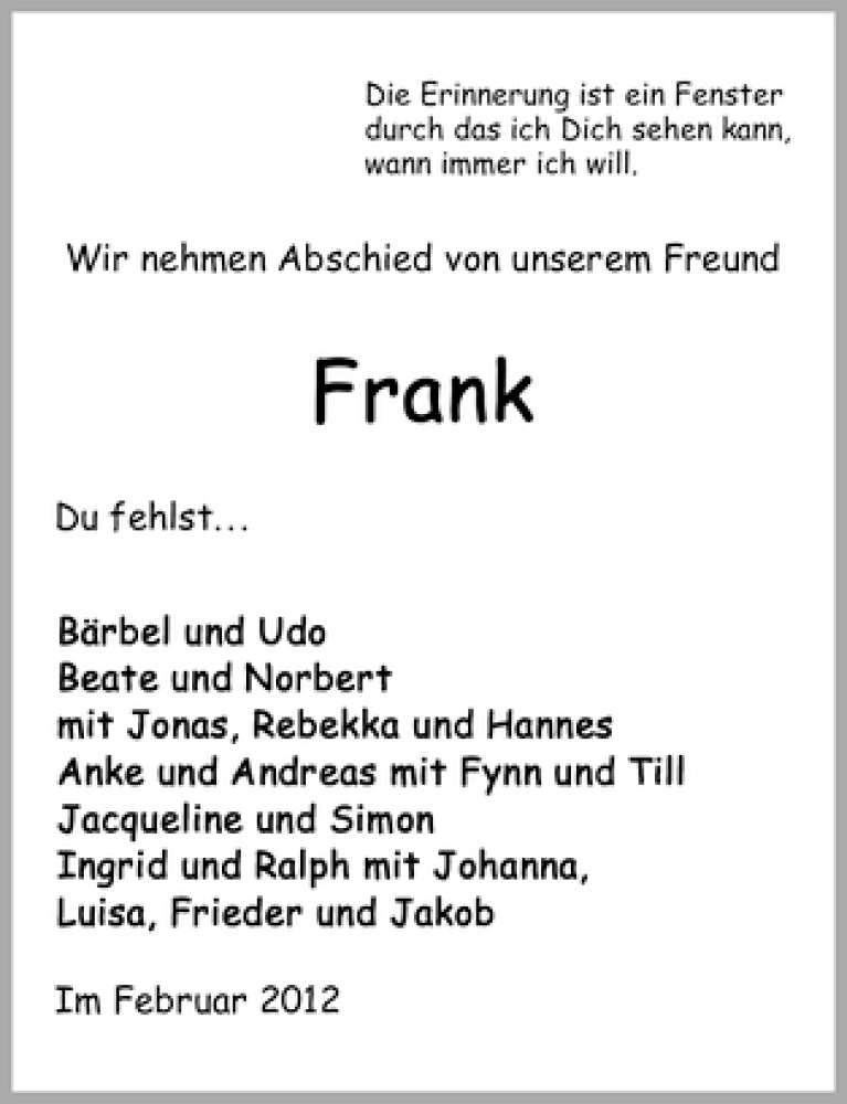 Traueranzeige von Frank Hoier von WESER-KURIER
