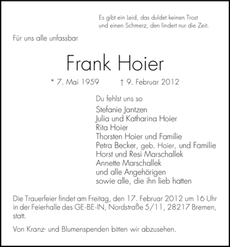 Traueranzeige von Frank Hoier von WESER-KURIER