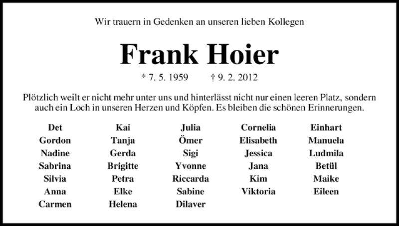 Traueranzeige von Frank Hoier von WESER-KURIER