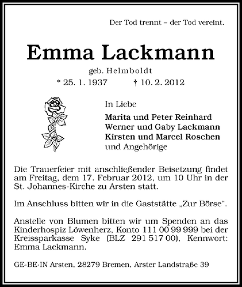 Traueranzeige von Emma Lackmann von WESER-KURIER