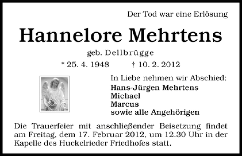 Traueranzeige von Hannelore Mehrtens von WESER-KURIER
