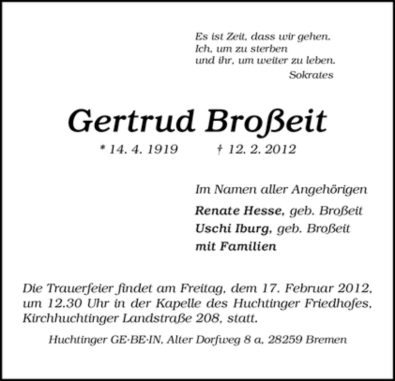 Traueranzeige von Gertrud Broßeit von WESER-KURIER