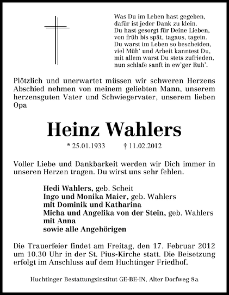 Traueranzeige von Heinz Wahlers von WESER-KURIER