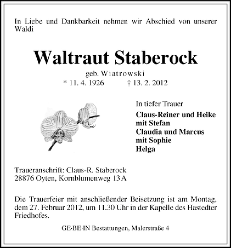 Traueranzeige von Waltraut Staberock von WESER-KURIER