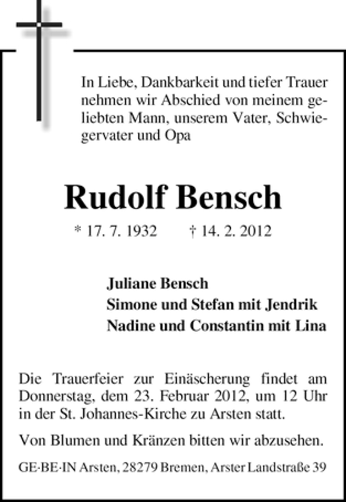 Traueranzeige von Rudolf Bensch von WESER-KURIER