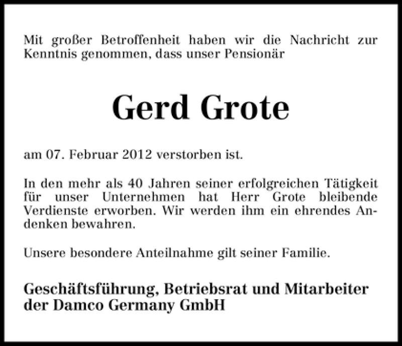 Traueranzeige von Gerd Grote von WESER-KURIER