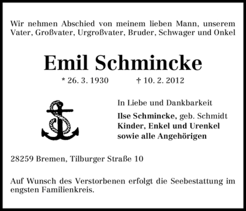 Traueranzeige von Emil Schmincke von WESER-KURIER